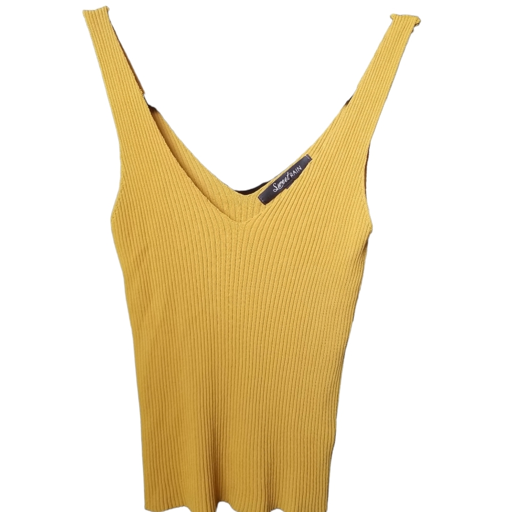 Ribbed V Neck Ribbed Tank Top Mustard Women's Small